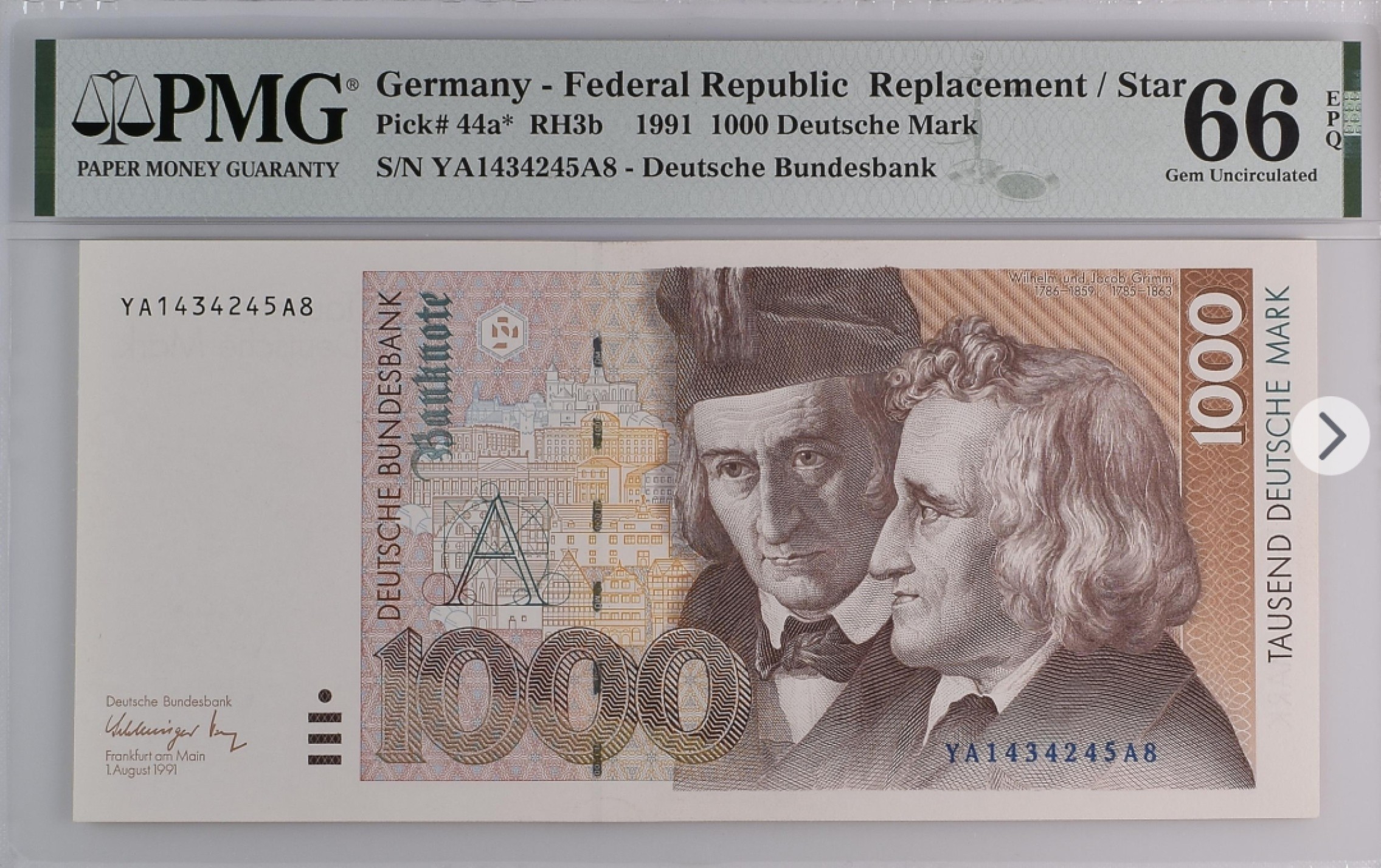 收藏联盟Quantum Auction 第193期拍卖(已更新) 德国联邦1991年1000马克 PMG66 补号 童话大师格林兄弟