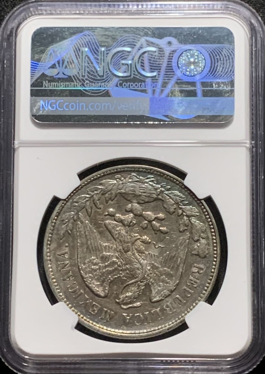 紫瑗钱币——第273期拍卖 墨西哥 1899年 MO AM 在华流通 直边鹰洋 1比索 银币 NGC AU58 五彩包浆