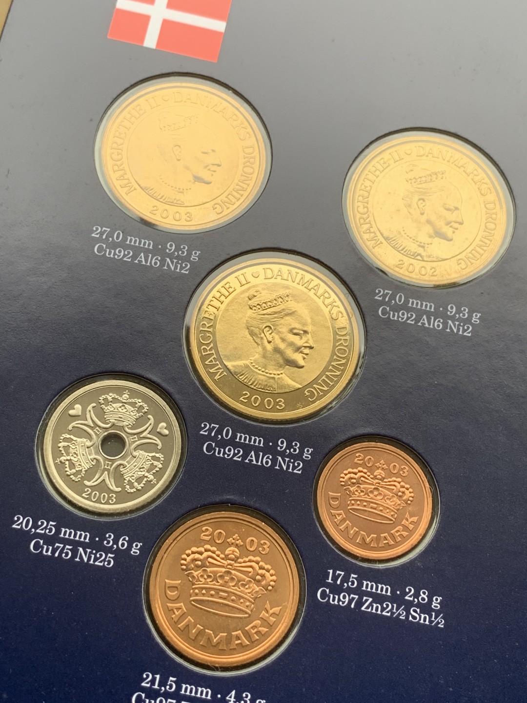 《竞宝斋》第97场-本周四 （满2件或者满200包顺丰） 卡装 丹麦2003年 六枚装硬币 其中2枚20克朗是纪念币 少见