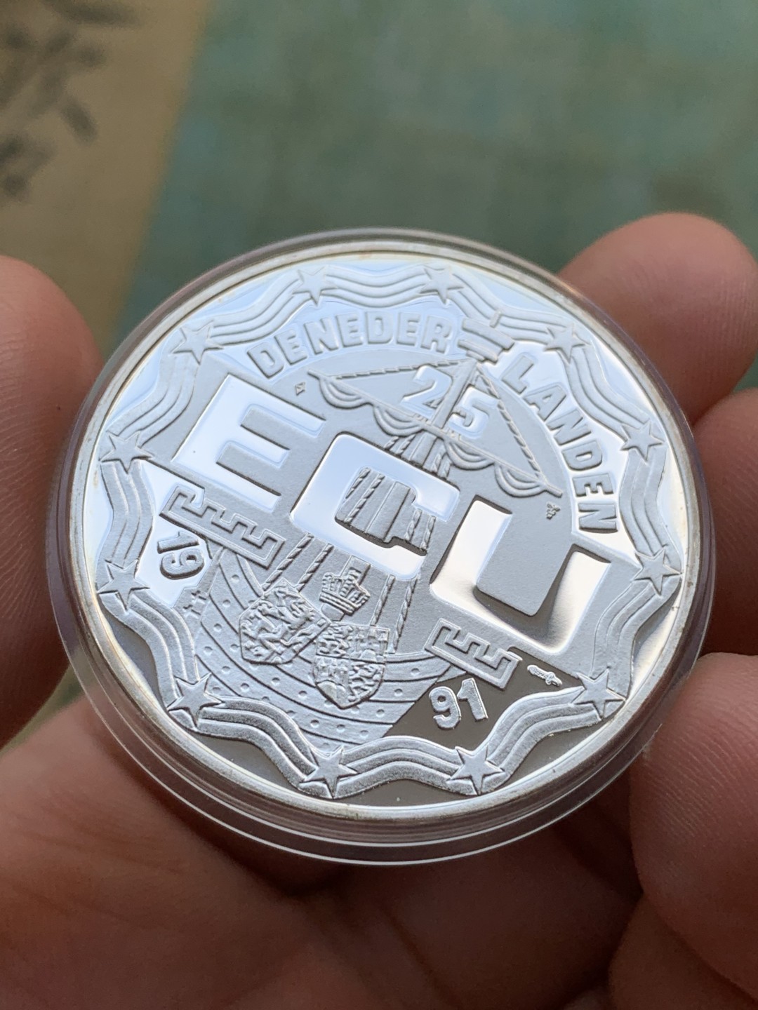 《竞宝斋》第97场-本周四 （满2件或者满200包顺丰） 蓝盒证书 荷兰1991年 银婚 25ECU 精制大银币 25克