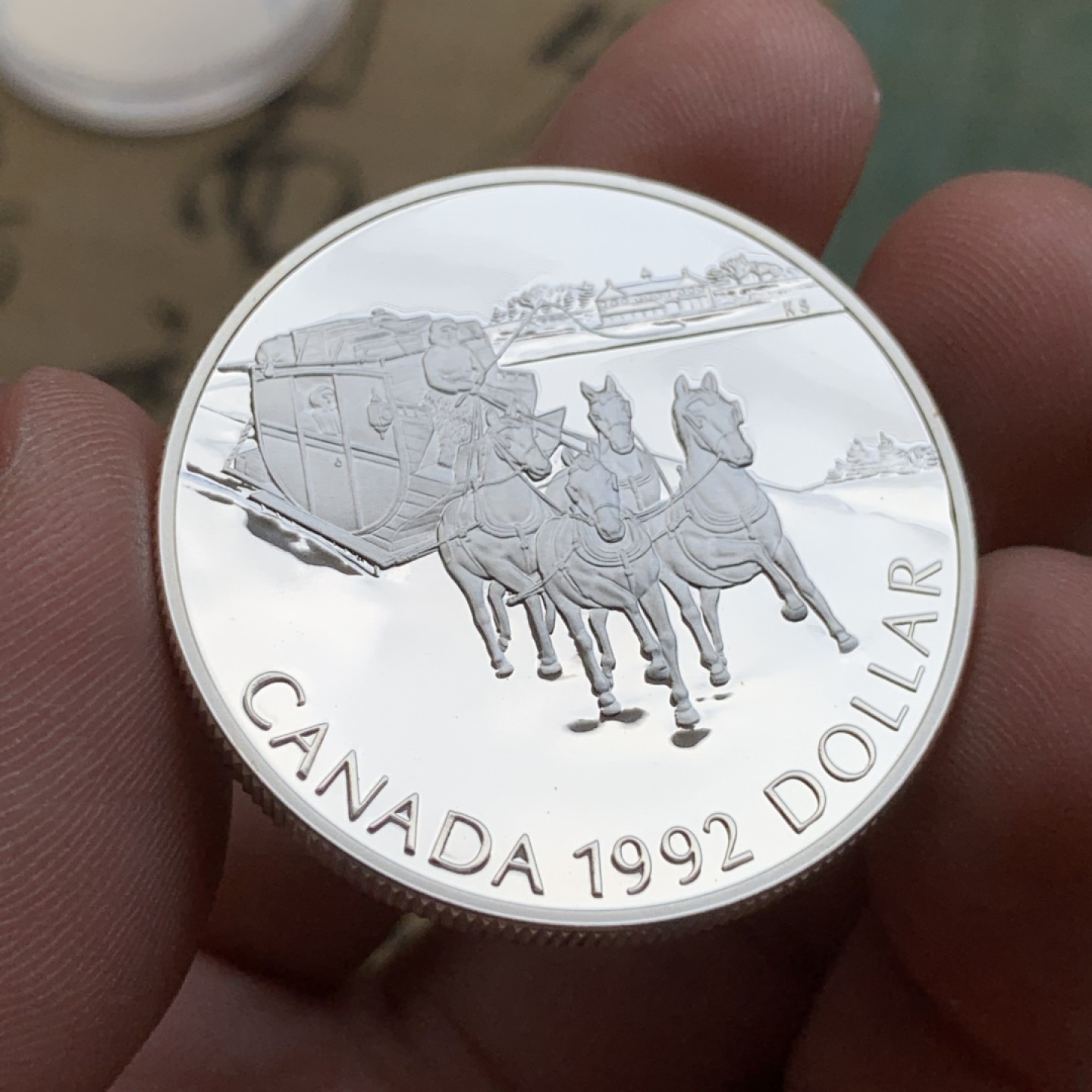 《竞宝斋》第97场-本周四 （满2件或者满200包顺丰） 原盒证书 加拿大 1992年 驿站马车 1元 精制大银币 925银 25.1克