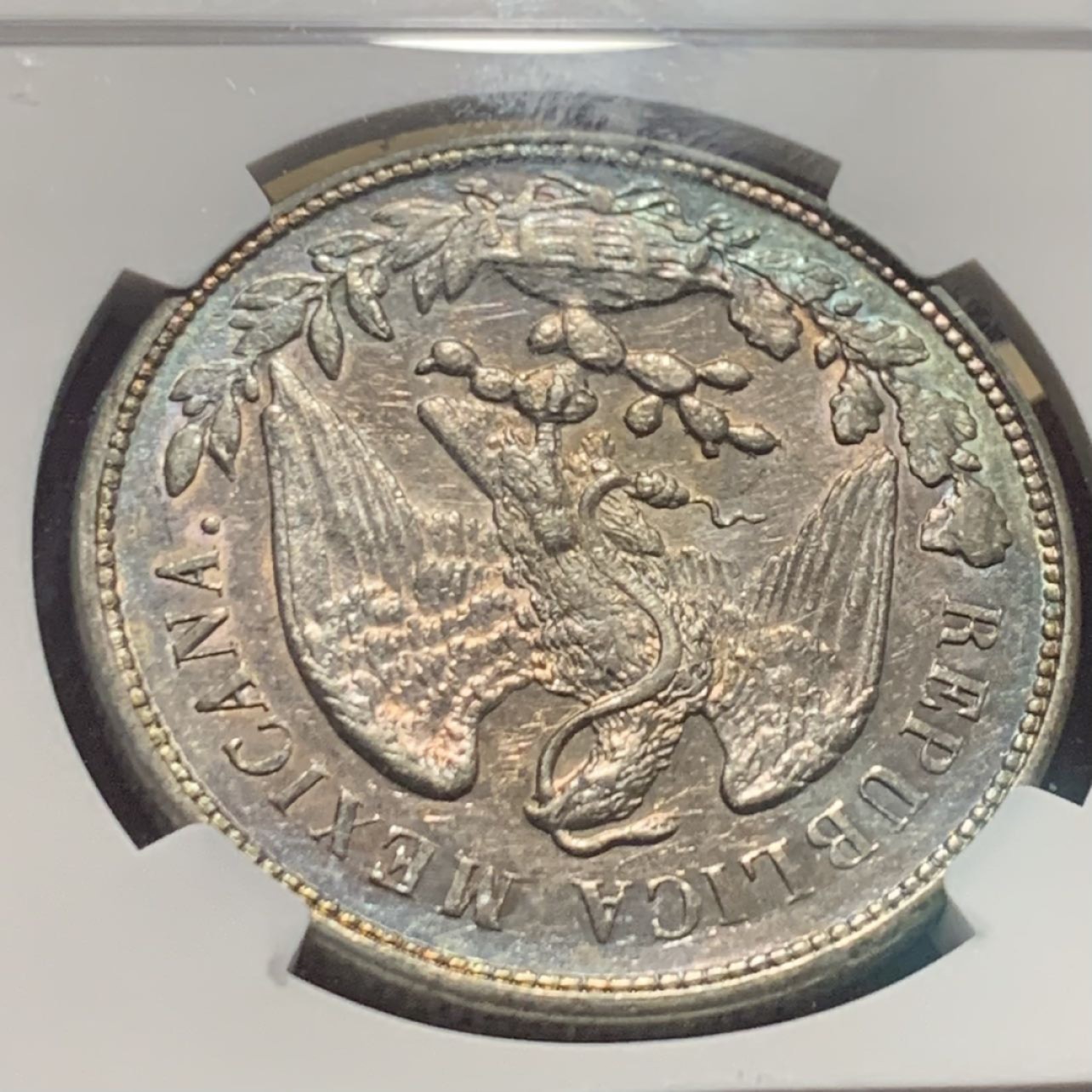 紫瑗钱币——第273期拍卖 墨西哥 1899年 MO AM 在华流通 直边鹰洋 1比索 银币 NGC AU58 五彩包浆