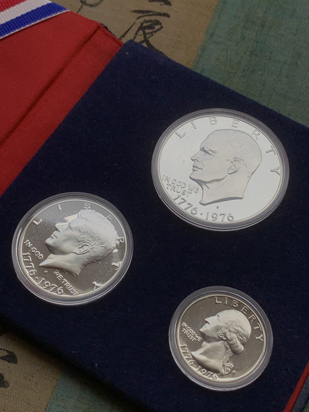 《竞宝斋》第97场-本周四 （满2件或者满200包顺丰） 美国1976-S年 华盛顿/肯尼迪/艾森豪威尔银币精制PROOF一组三枚
