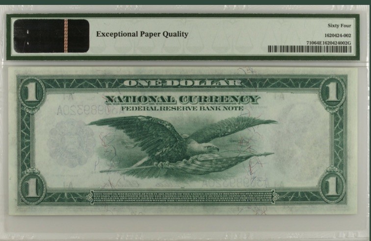 收藏联盟Quantum Auction 第193期拍卖(已更新) 美国1918年联邦国民银行券(波士顿)1美元 无47号码PMG64e AA冠 大票幅 国鸟白头海雕