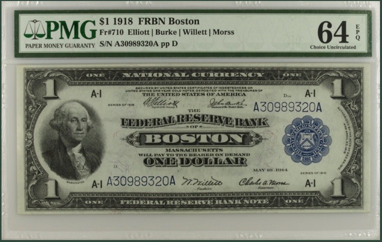 收藏联盟Quantum Auction 第193期拍卖(已更新) 美国1918年联邦国民银行券(波士顿)1美元 无47号码PMG64e AA冠 大票幅 国鸟白头海雕