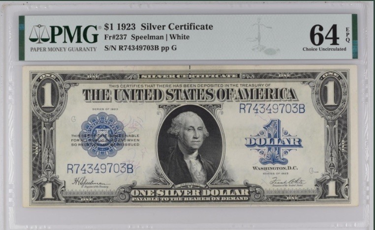 收藏联盟Quantum Auction 第193期拍卖(已更新) 美国1923年1美元银币券 PMG64e 大票幅