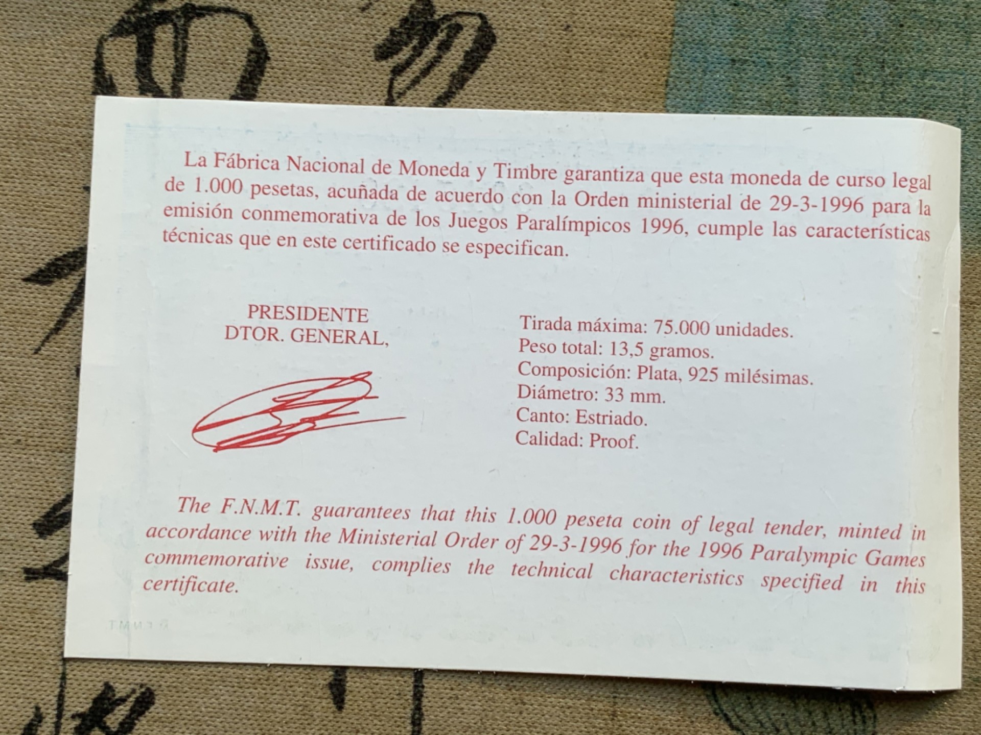 《竞宝斋》第97场-本周四 （满2件或者满200包顺丰） 原盒证书 西班牙1996年游泳 1000比塞塔 精制银币