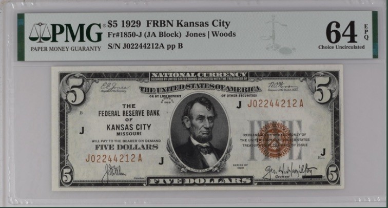 收藏联盟Quantum Auction 第193期拍卖(已更新) 美国1929年联邦储备券国民券版式(堪萨斯城)5元 PMG64e 