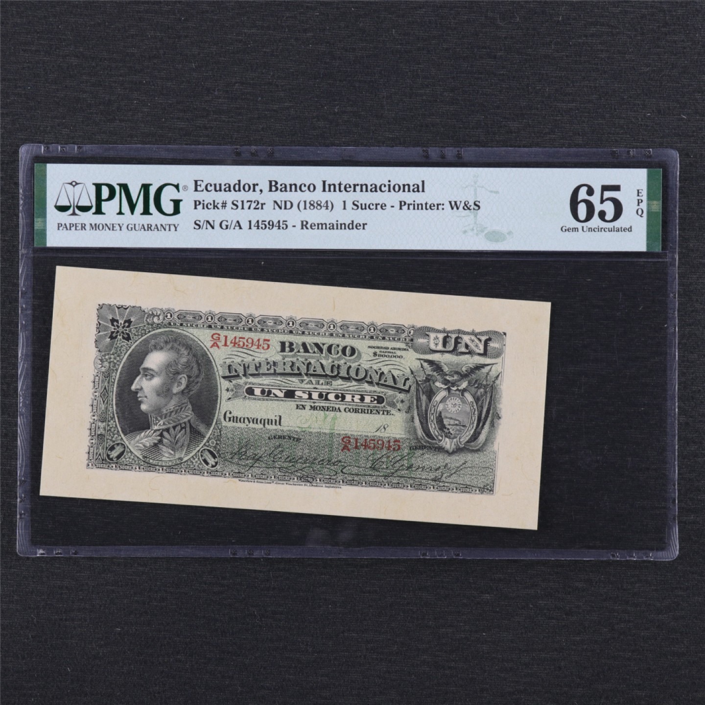 【亘邦集藏】131期拍卖 1886-94年 厄瓜多尔1苏克雷 PMG 65EPQ 144945