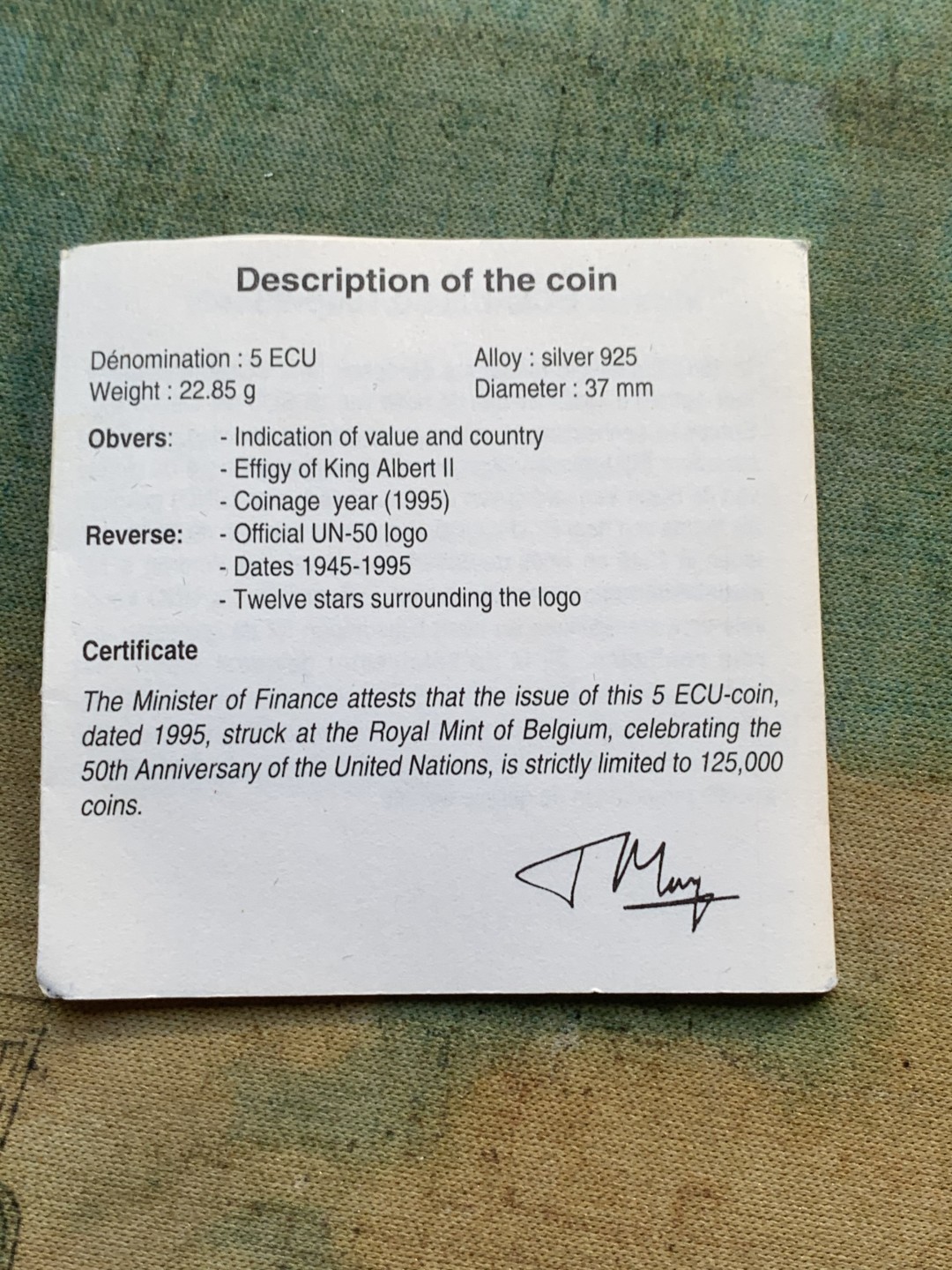 《竞宝斋》第97场-本周四 （满2件或者满200包顺丰） 蓝盒证书 比利时1995年 联合国五十周年纪念 5ECU精制大银币