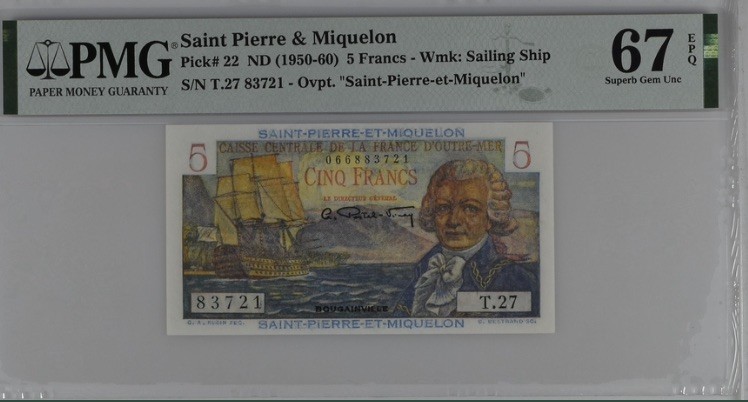 收藏联盟Quantum Auction 第193期拍卖(已更新) 圣皮埃尔和密克隆1950-60年5法郎 PMG67 