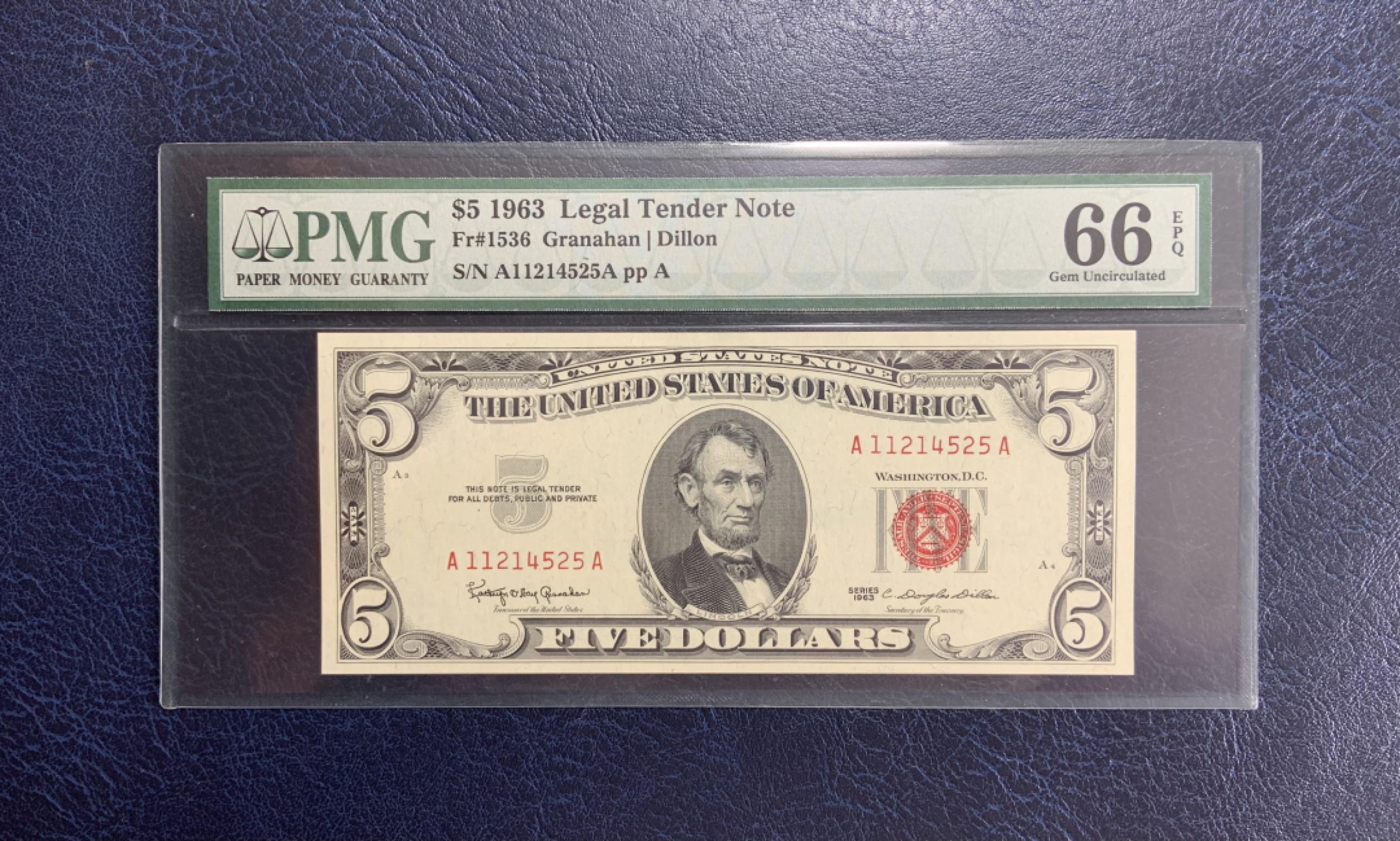 收藏联盟Quantum Auction 第193期拍卖(已更新) 美国1963年联邦储备券5美元 PMG66 红库印 双A冠