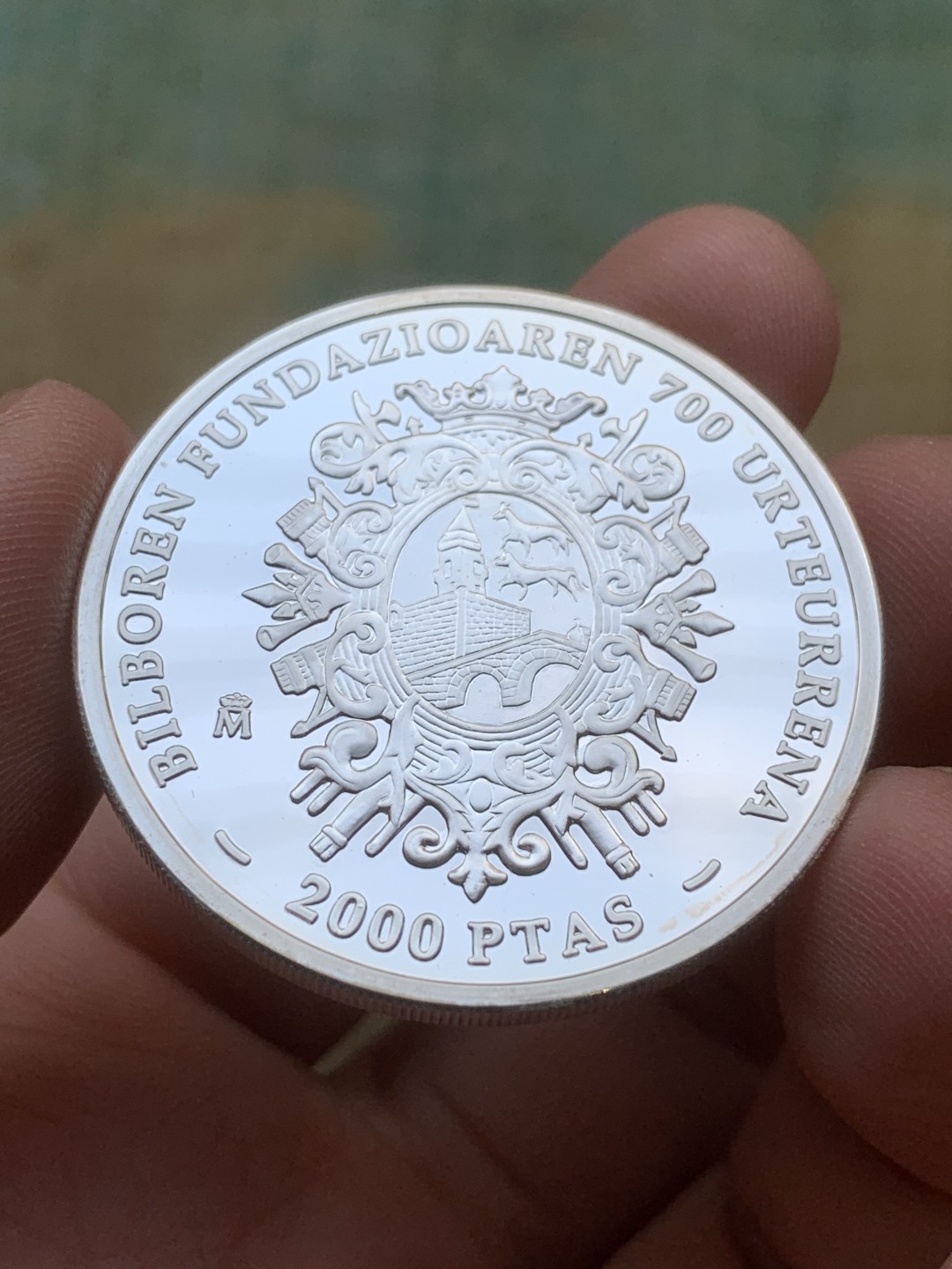 《竞宝斋》第97场-本周四 （满2件或者满200包顺丰） 原盒证书 西班牙 2000年 BILBAO建城七百周年纪念 2000比塞塔 精制大银币