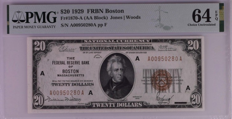 收藏联盟Quantum Auction 第193期拍卖(已更新) 美国1929年联邦储备券国民券版式(波士顿)20元 PMG64e AA冠 号码无47