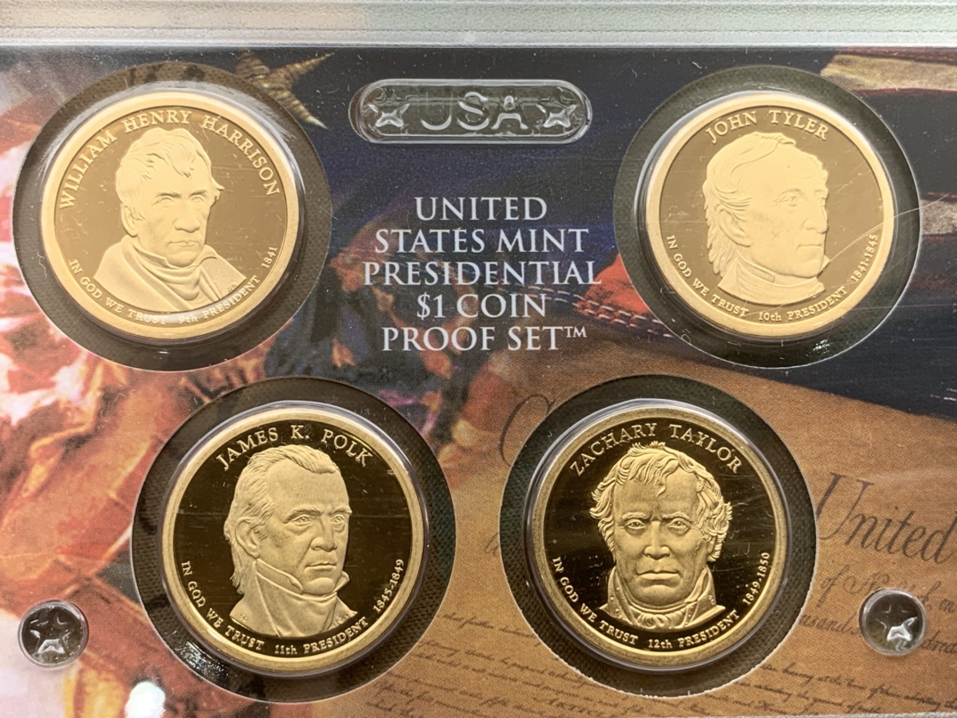 《竞宝斋》第97场-本周四 （满2件或者满200包顺丰） PROOF封装美国2009年 四任总统1841-1850年 一美元精制铜币