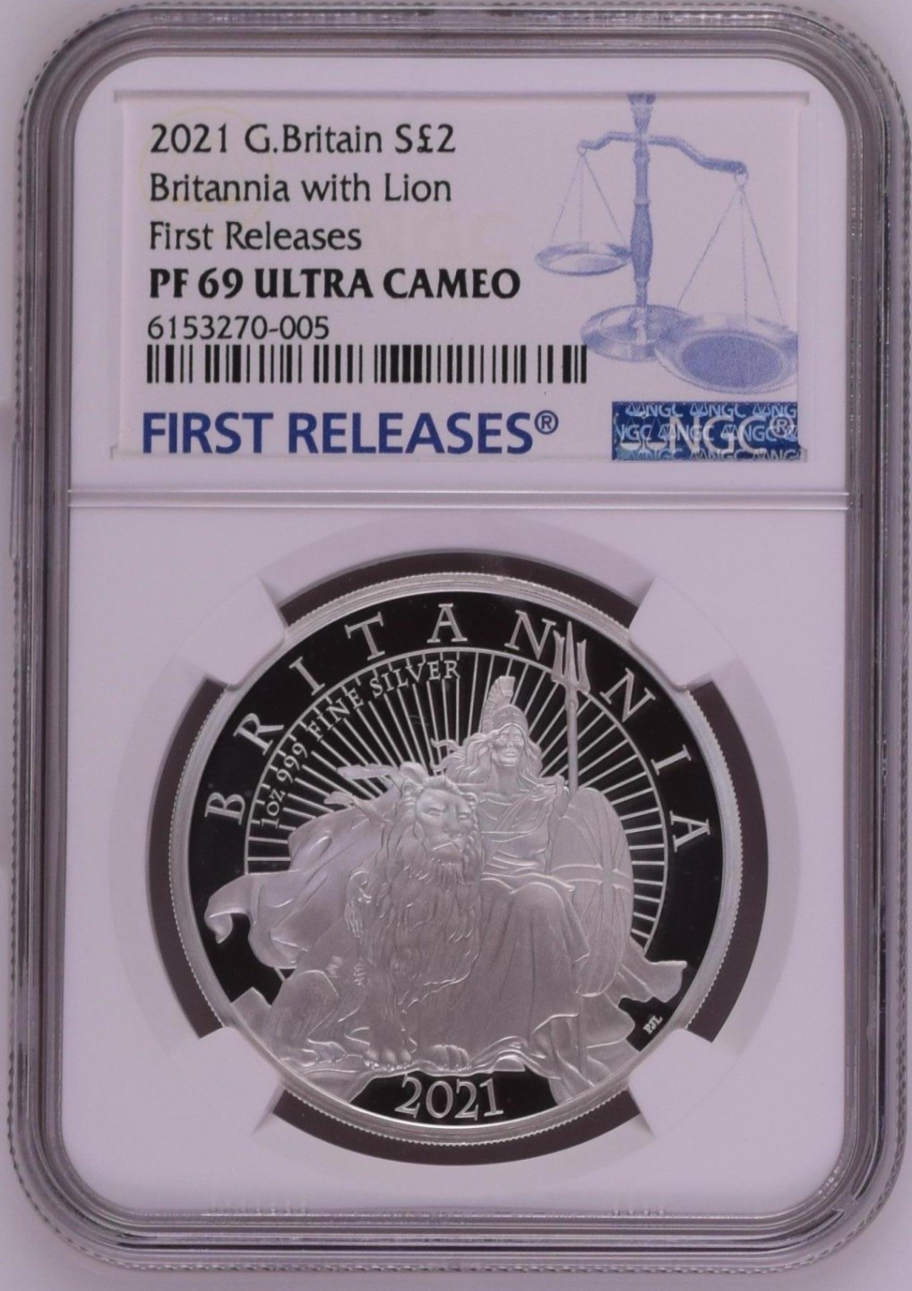 收藏联盟Quantum Auction 第193期拍卖(已更新) 英国2021年2英镑(1盎司)大不列颠女神和狮子纪念精制银币 NGC PF69 首发蓝标 带原装纪念盒