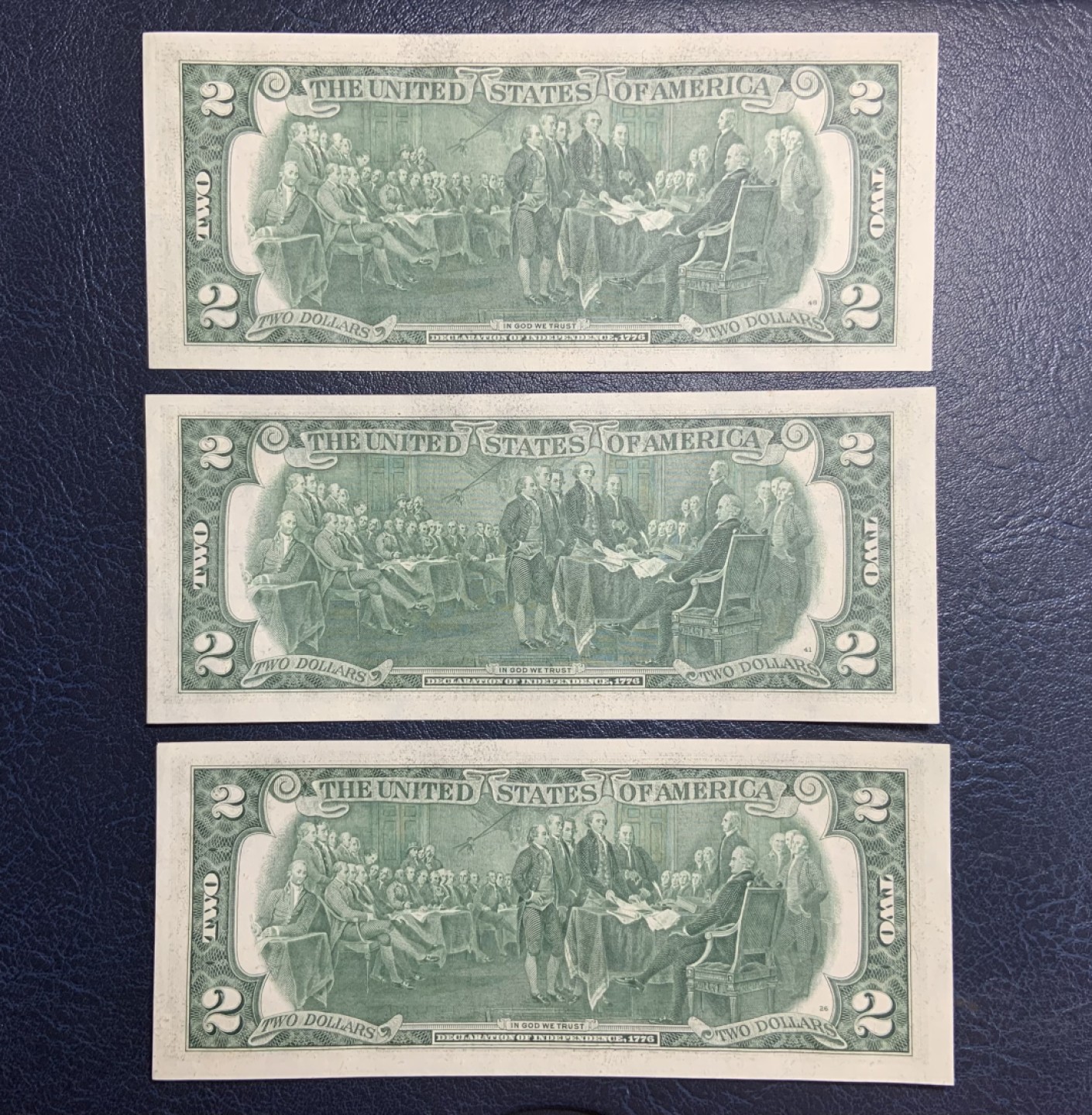 收藏联盟Quantum Auction 第193期拍卖(已更新) 美国1976年联邦储备券2美元三连号 品相全新UNC 背面为签署独立宣言的场景