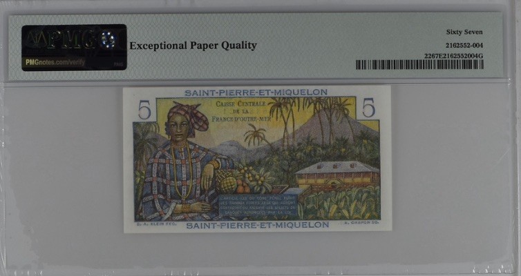 收藏联盟Quantum Auction 第193期拍卖(已更新) 圣皮埃尔和密克隆1950-60年5法郎 PMG67 