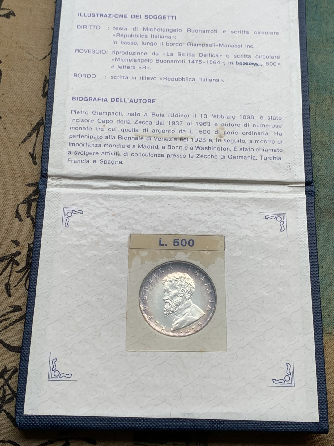 《竞宝斋》第97场-本周四 （满2件或者满200包顺丰） 卡装 意大利 1975年 米开朗基罗纪念 500里拉银币