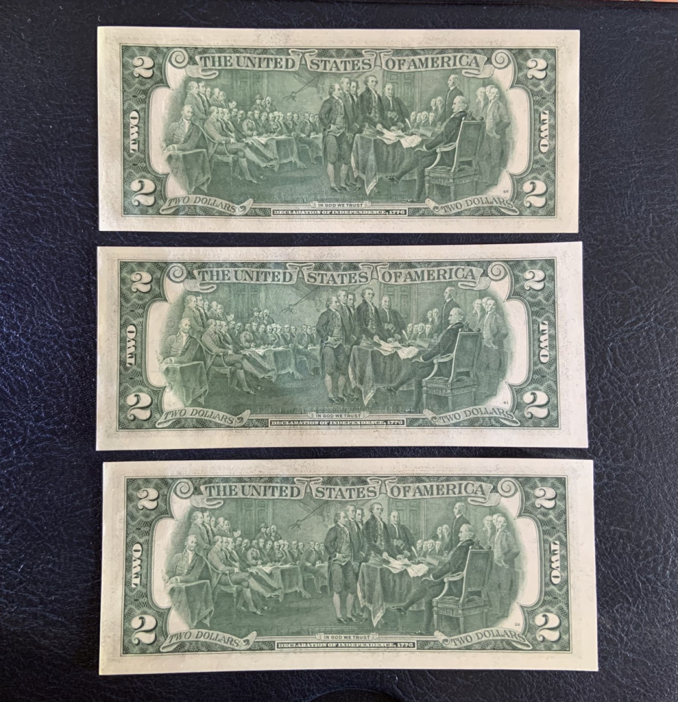 收藏联盟Quantum Auction 第193期拍卖(已更新) 美国1976年联邦储备券2美元三连号 品相全新UNC 背面为签署独立宣言的场景