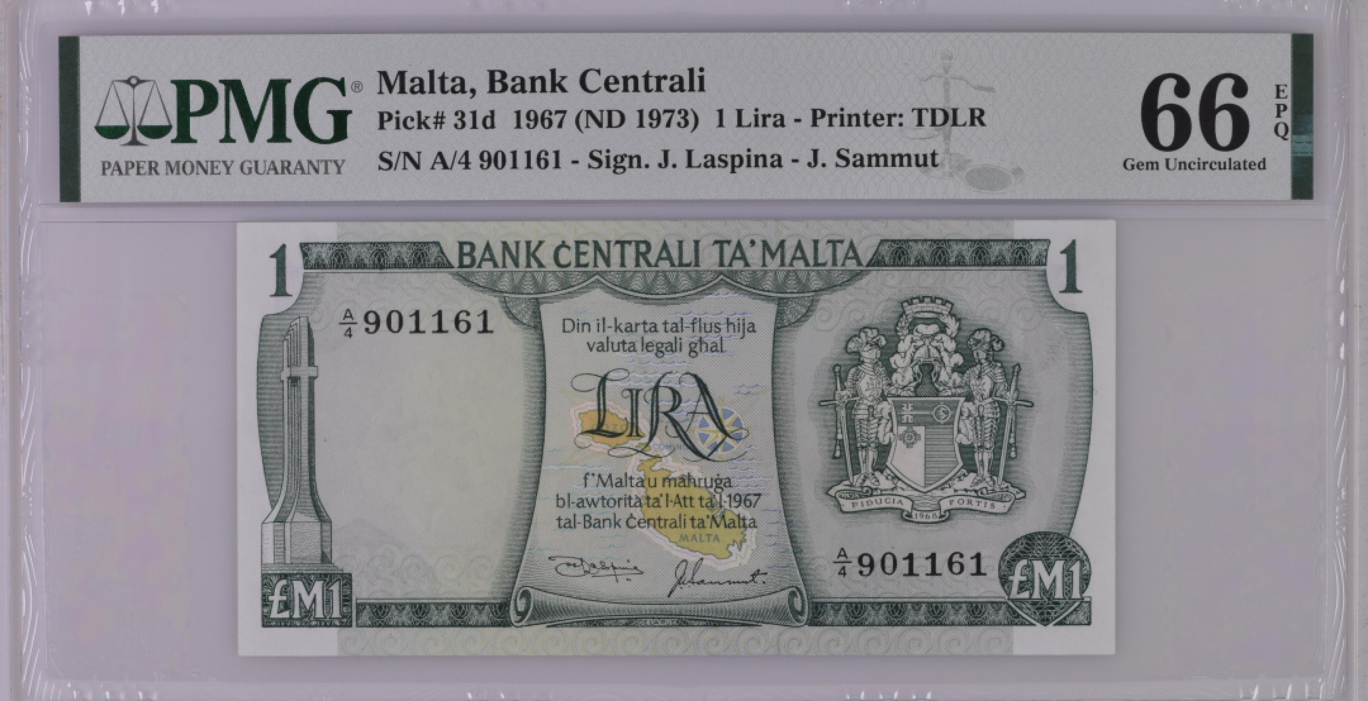 收藏联盟Quantum Auction 第193期拍卖(已更新) 马耳他1967年1里拉 PMG66 德纳罗彩背 
