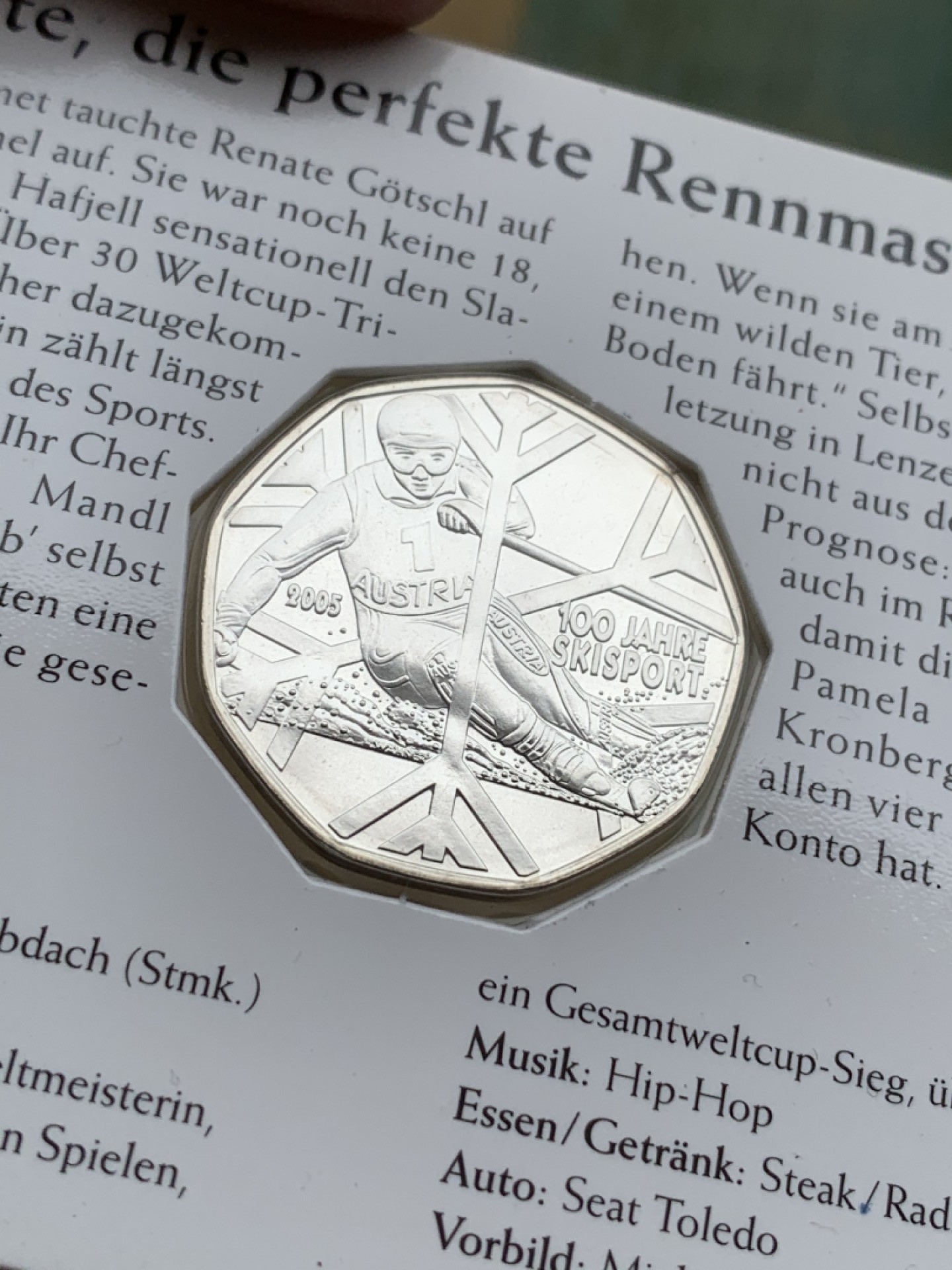 《竞宝斋》第97场-本周四 （满2件或者满200包顺丰） 官方卡装 奥地利2005年 滑雪运动百年纪念 5欧元银币 8克