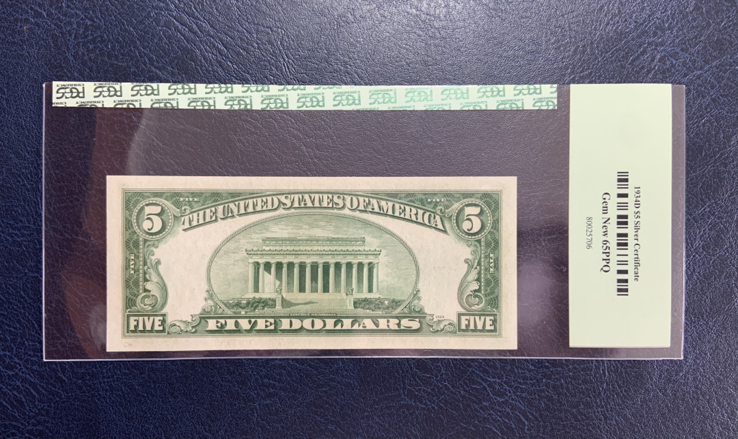 收藏联盟Quantum Auction 第193期拍卖(已更新) 美国1934年银币券5美元 PCGS65 罕见早期pcgs绿标壳