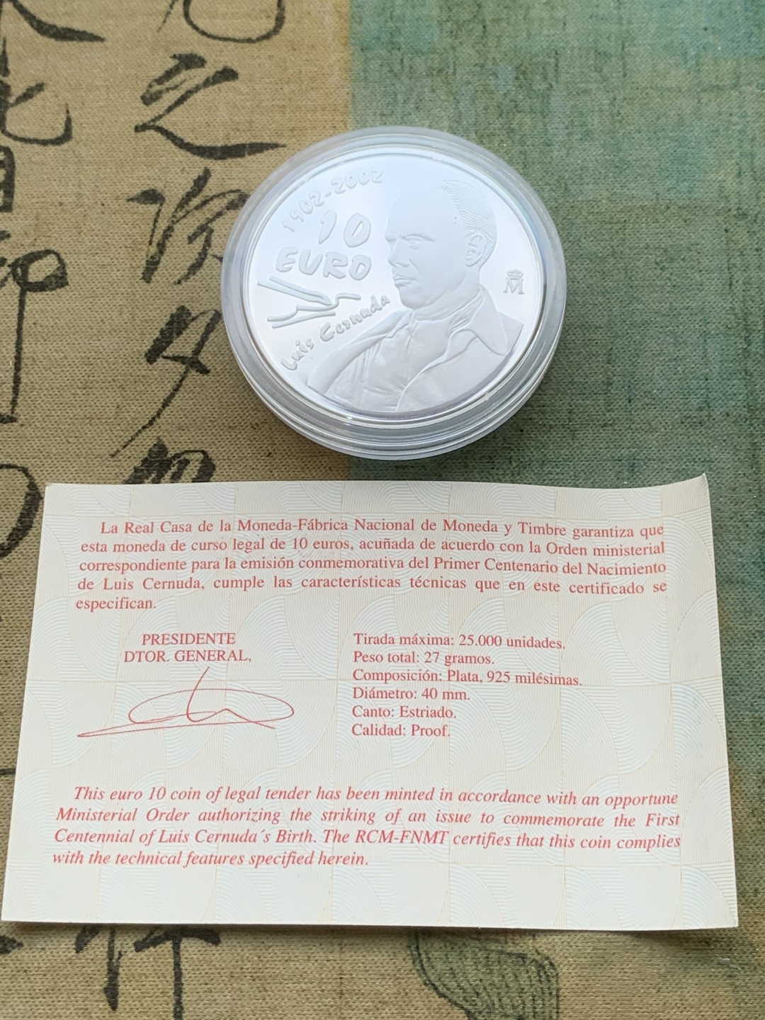 《竞宝斋》第97场-本周四 （满2件或者满200包顺丰） 原盒证书西班牙2002年 诗人塞努达百年纪念 10欧元精制大银币