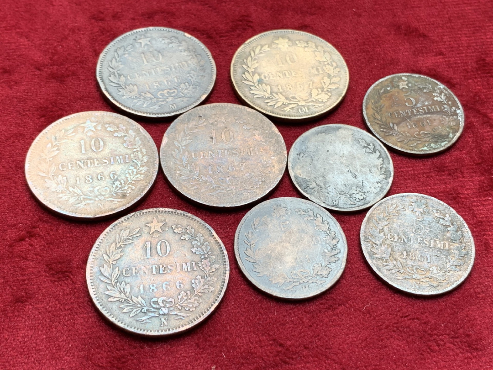 《竞宝斋》第97场-本周四 （满2件或者满200包顺丰） 9枚一起 意大利 早期 艾曼纽尔二世 5分，10分 铜币 共9枚