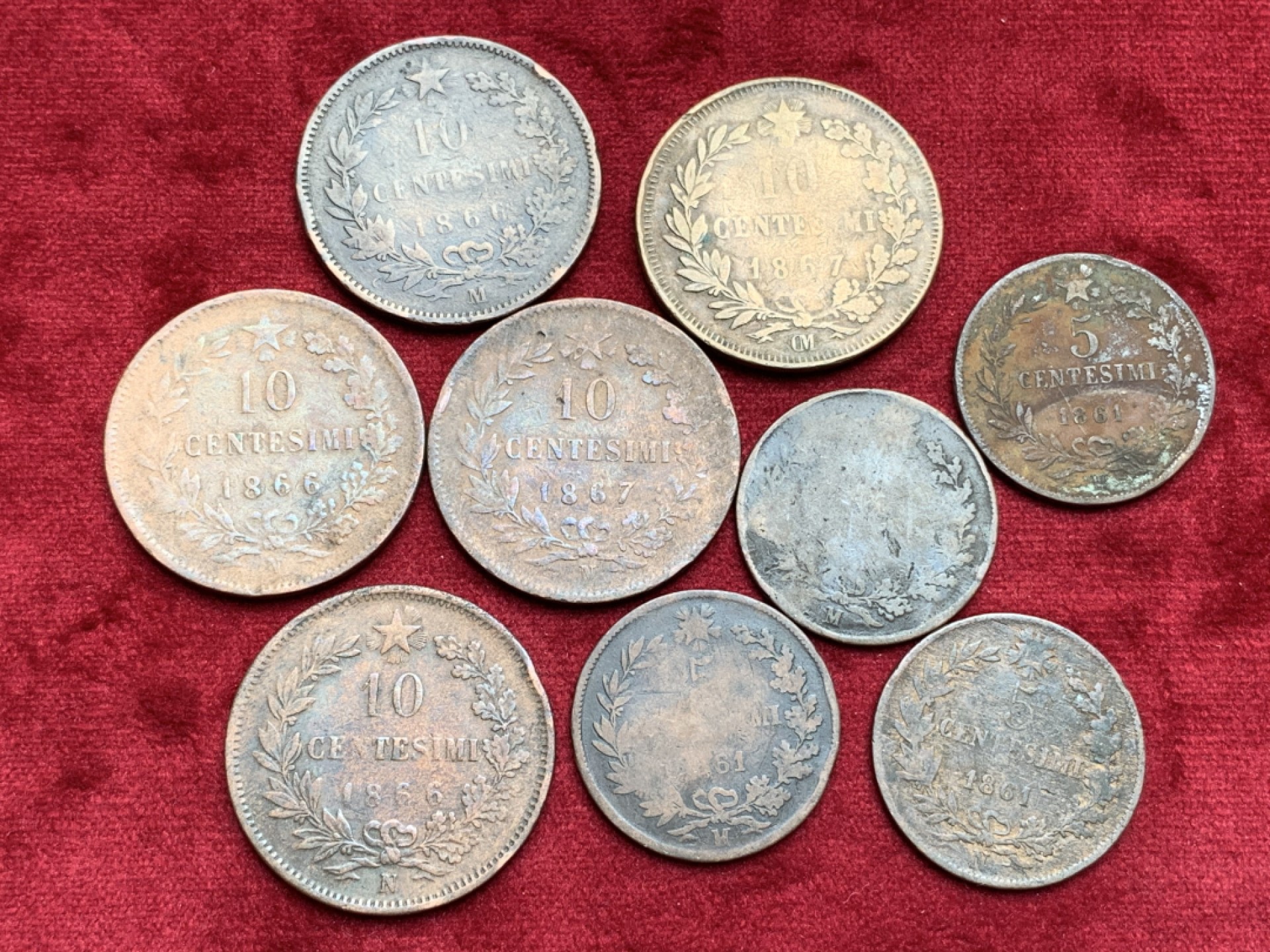 《竞宝斋》第97场-本周四 （满2件或者满200包顺丰） 9枚一起 意大利 早期 艾曼纽尔二世 5分，10分 铜币 共9枚