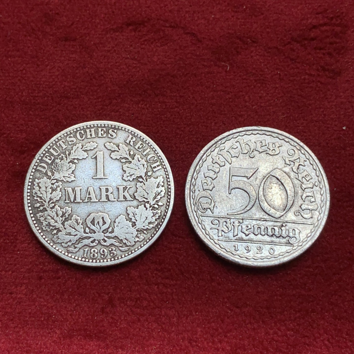 《竞宝斋》第97场-本周四 （满2件或者满200包顺丰） 2枚一起 德国1893 1马克银币  1920年50芬妮铝币