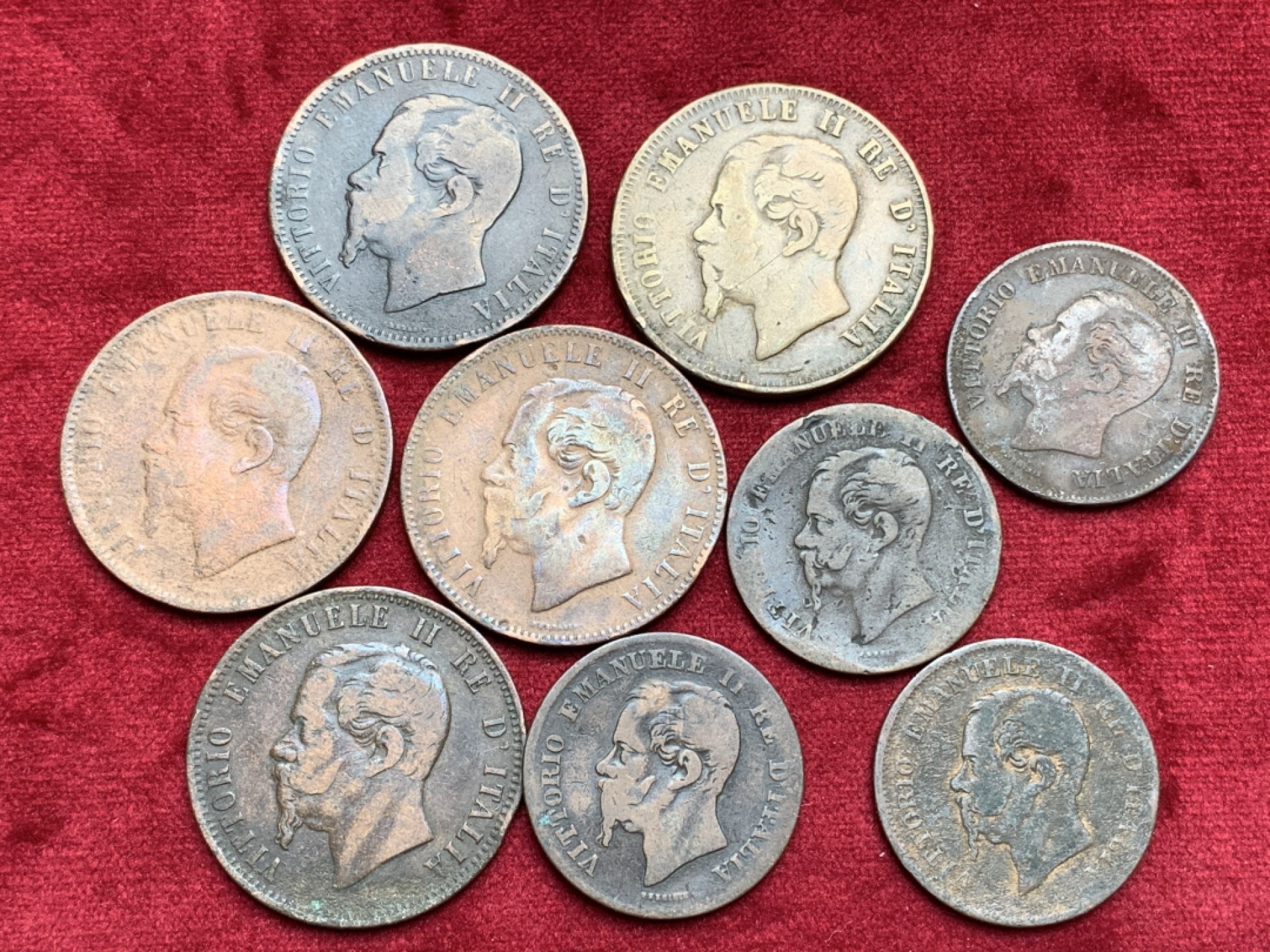 《竞宝斋》第97场-本周四 （满2件或者满200包顺丰） 9枚一起 意大利 早期 艾曼纽尔二世 5分，10分 铜币 共9枚