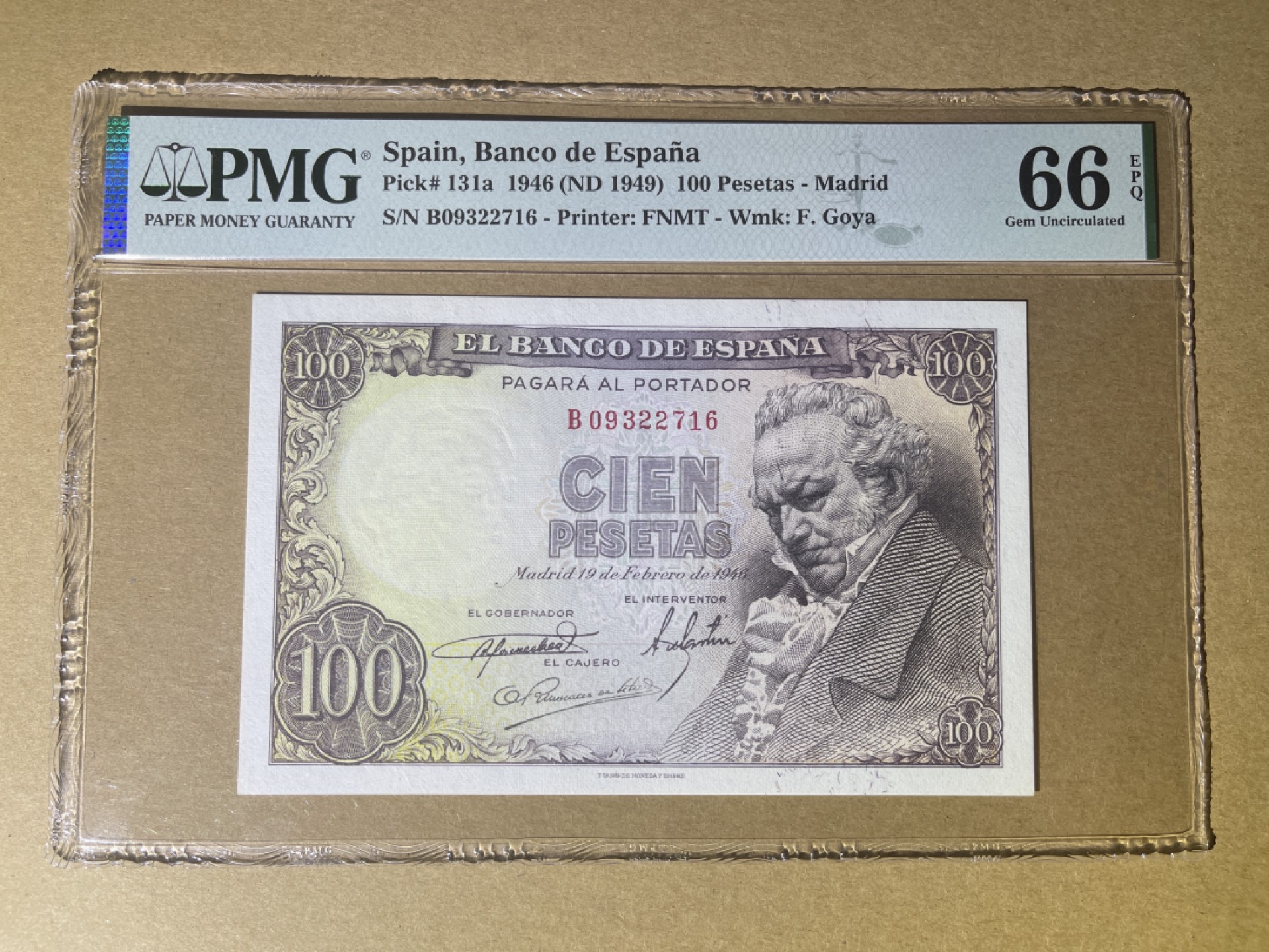 《张总收藏》73期——外币大拍 西班牙100比塞塔 PMG66E 1946年 P-131a 西班牙著名画家哥雅