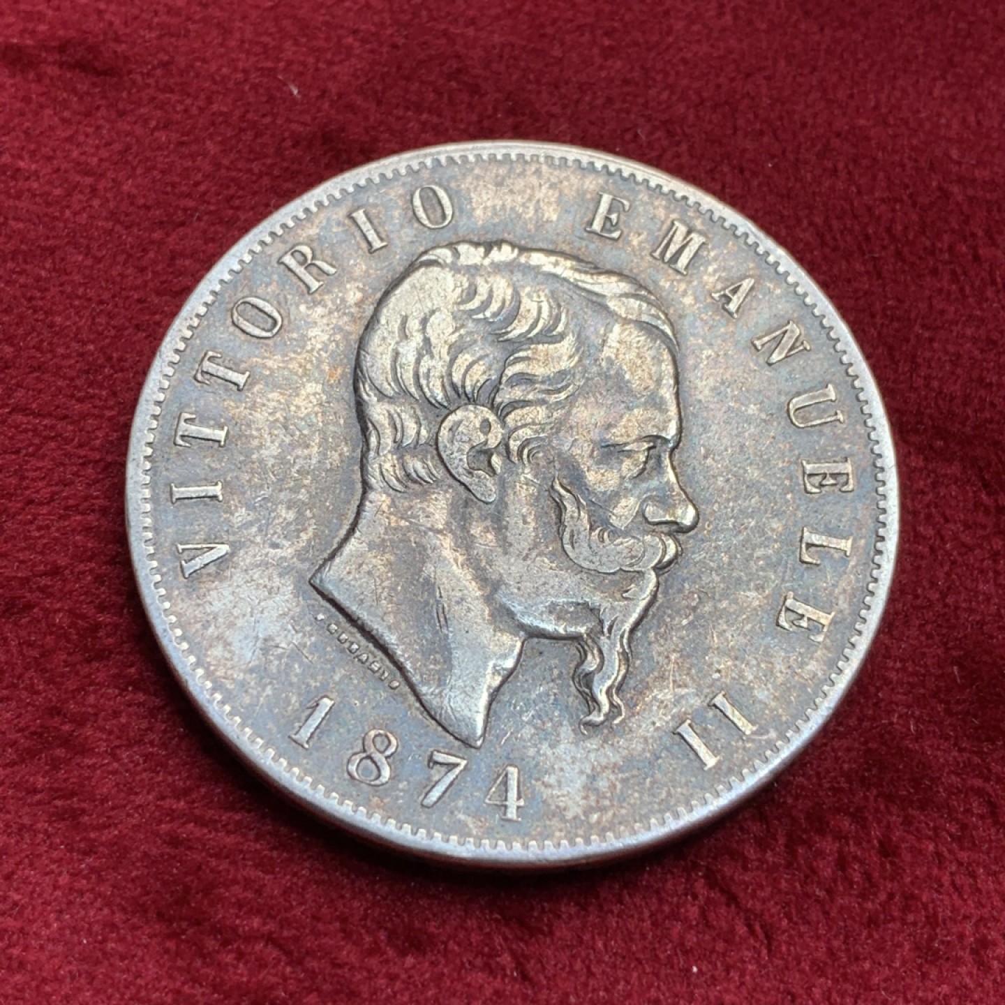 《竞宝斋》第97场-本周四 （满2件或者满200包顺丰） 意大利 艾曼纽尔三世二世 1874年 5里拉 银币 包浆非常好