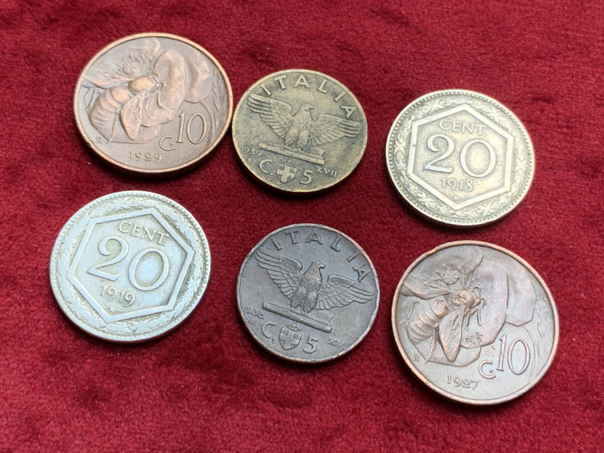 《竞宝斋》第97场-本周四 （满2件或者满200包顺丰） 6枚一起 意大利 20分2枚 +2枚 5分铜币+蜜蜂10分铜币2枚