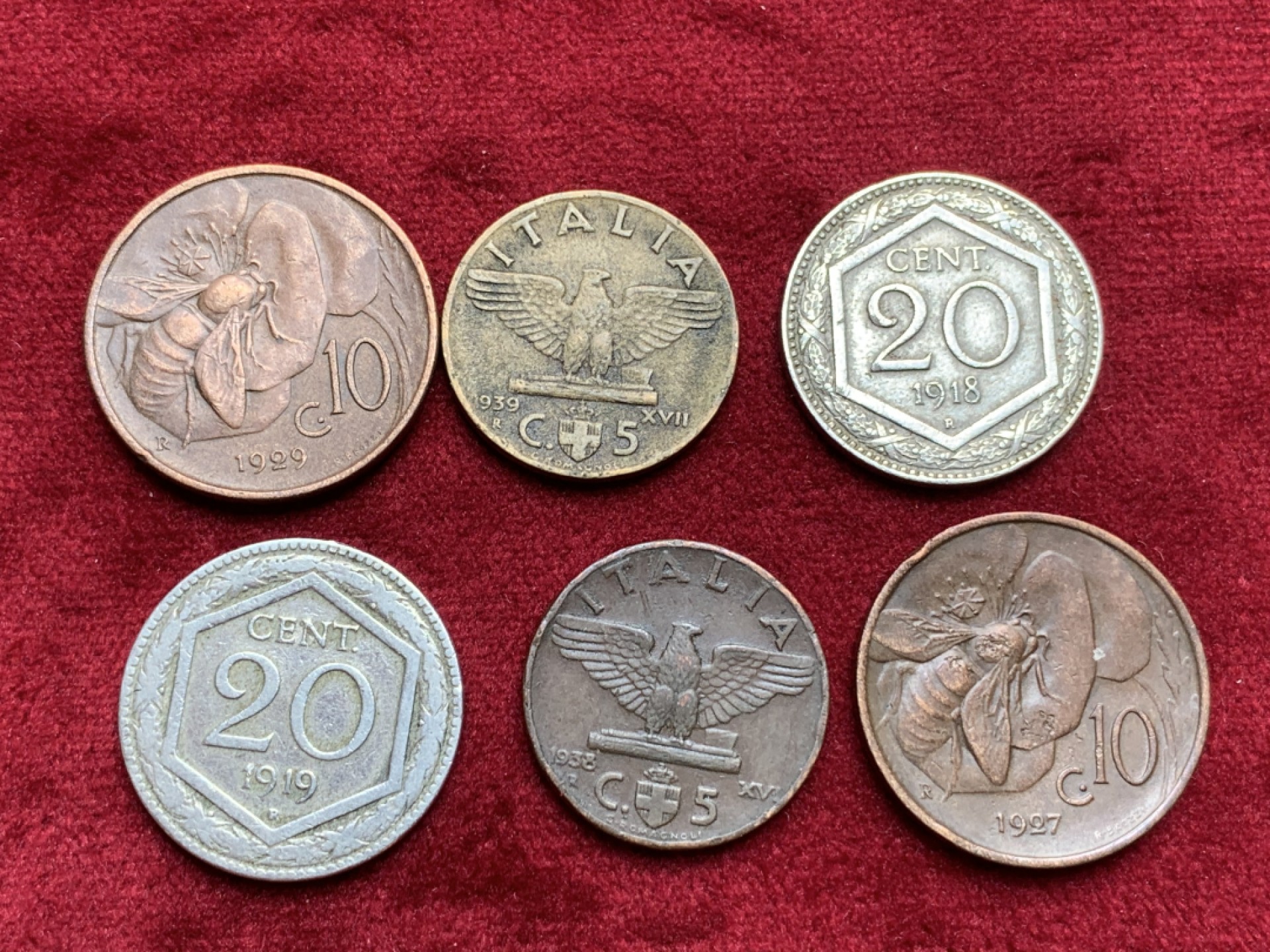 《竞宝斋》第97场-本周四 （满2件或者满200包顺丰） 6枚一起 意大利 20分2枚 +2枚 5分铜币+蜜蜂10分铜币2枚