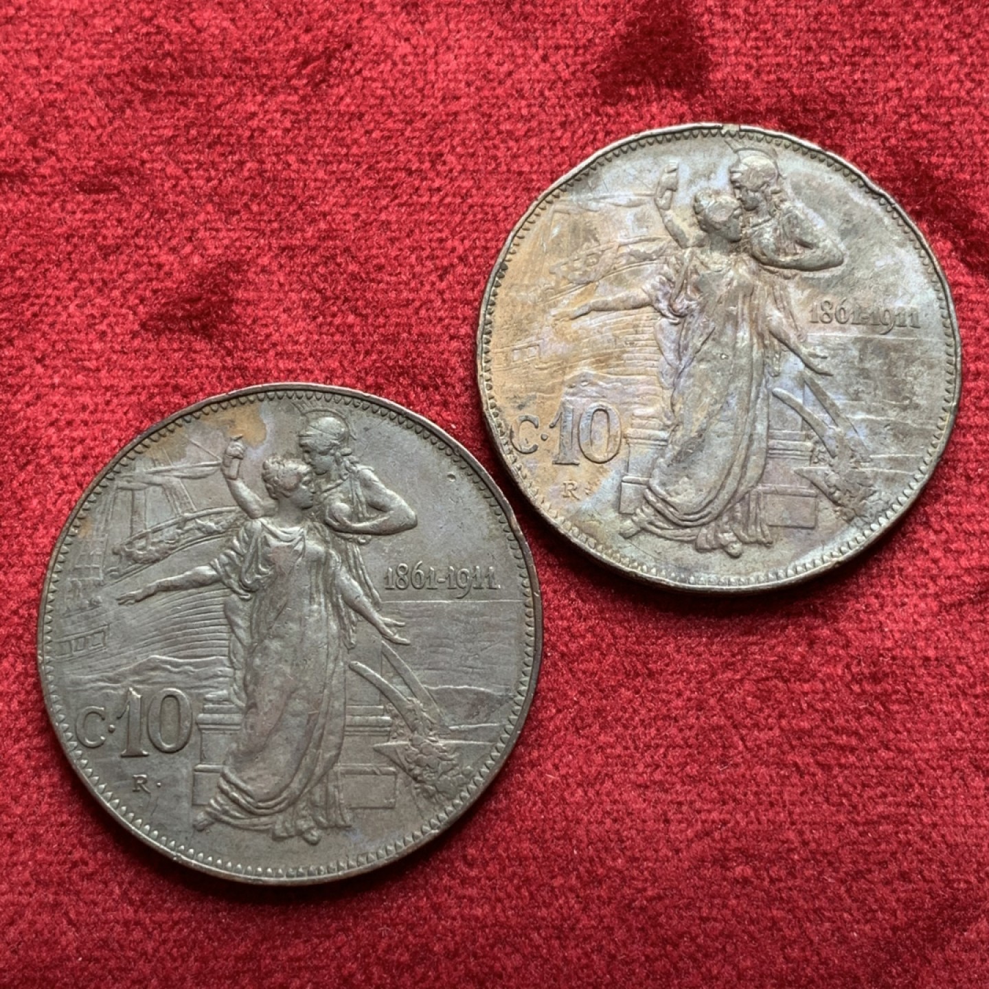 《竞宝斋》第97场-本周四 （满2件或者满200包顺丰） 2枚一起 意大利 1911年 托奶 10分 大铜币 2枚