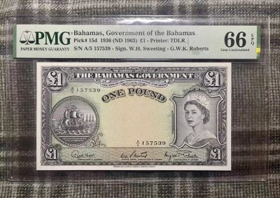 【Blue Auction】✨世界纸币精拍第227期 【精】 - 巴哈马 1963年1镑 PMG66EPQ  大冠女王 精美