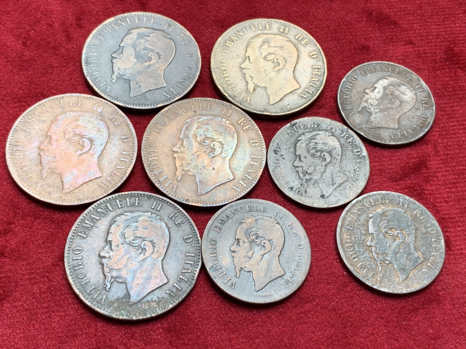 《竞宝斋》第97场-本周四 （满2件或者满200包顺丰） 9枚一起 意大利 早期 艾曼纽尔二世 5分，10分 铜币 共9枚