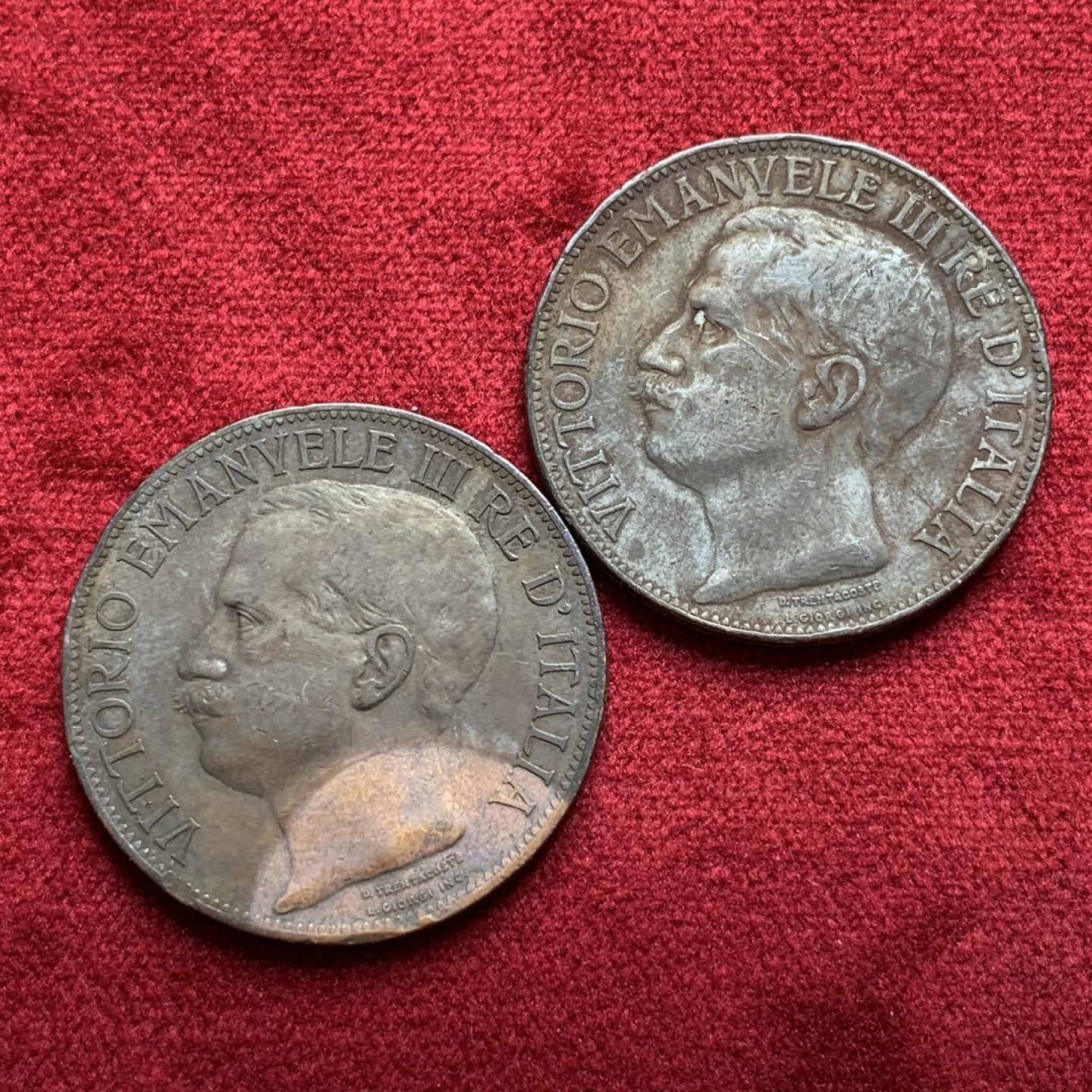 《竞宝斋》第97场-本周四 （满2件或者满200包顺丰） 2枚一起 意大利 1911年 托奶 10分 大铜币 2枚