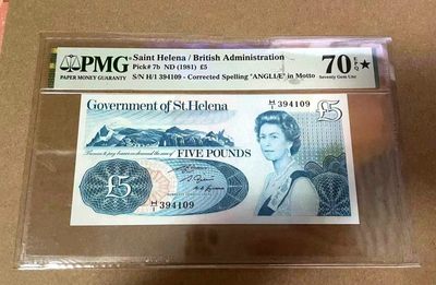 【Blue Auction】✨世界纸币精拍第227期 【精】 - 【70分满分 冠军分】圣赫勒拿 1981年5镑 PMG70EPQ星星 女王纸币