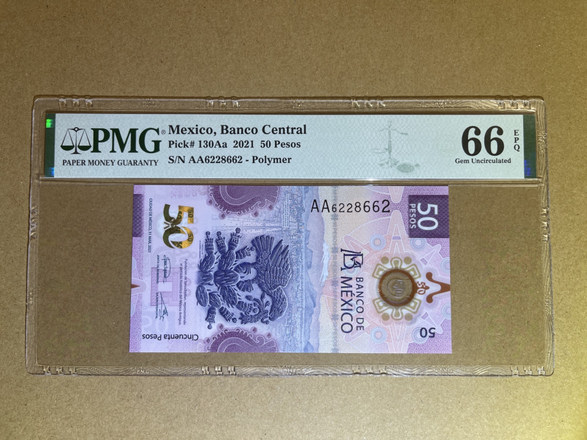 《张总收藏》73期——外币大拍 墨西哥50比索 PMG66E 2021年塑料钞 AA冠