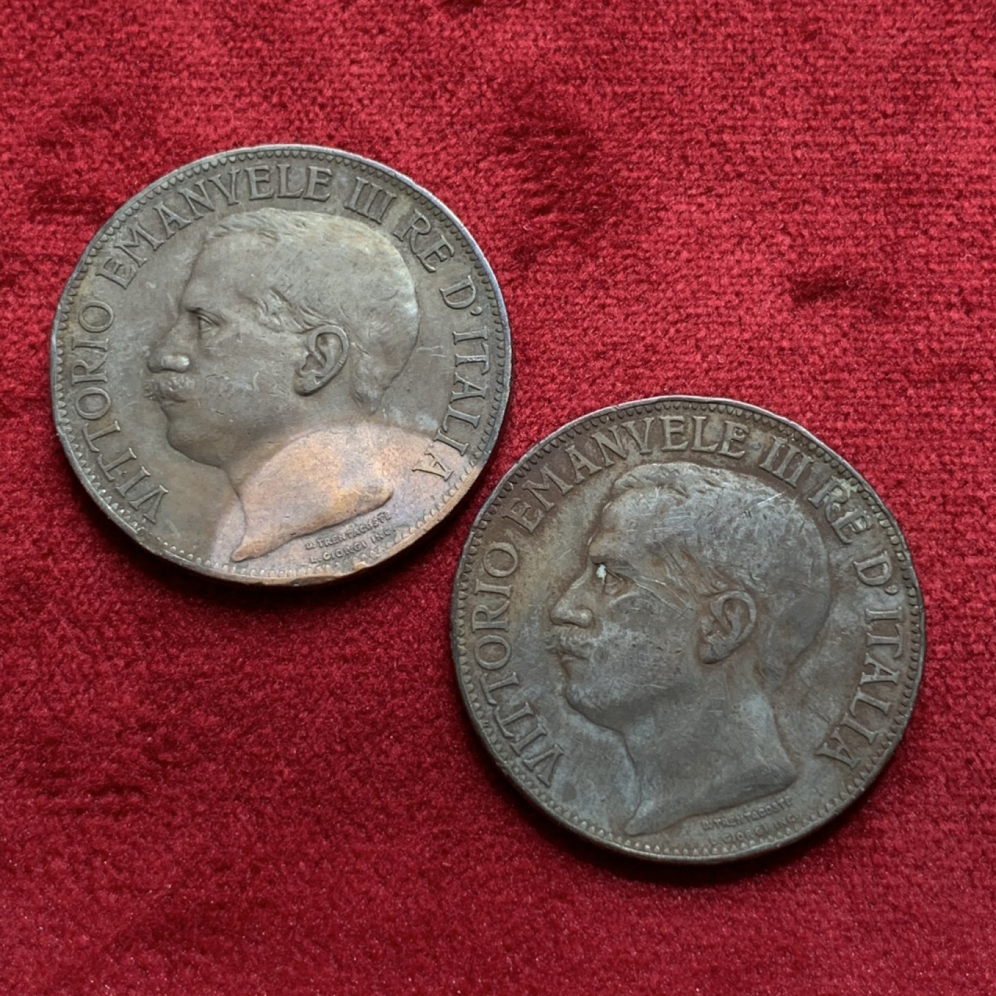 《竞宝斋》第97场-本周四 （满2件或者满200包顺丰） 2枚一起 意大利 1911年 托奶 10分 大铜币 2枚