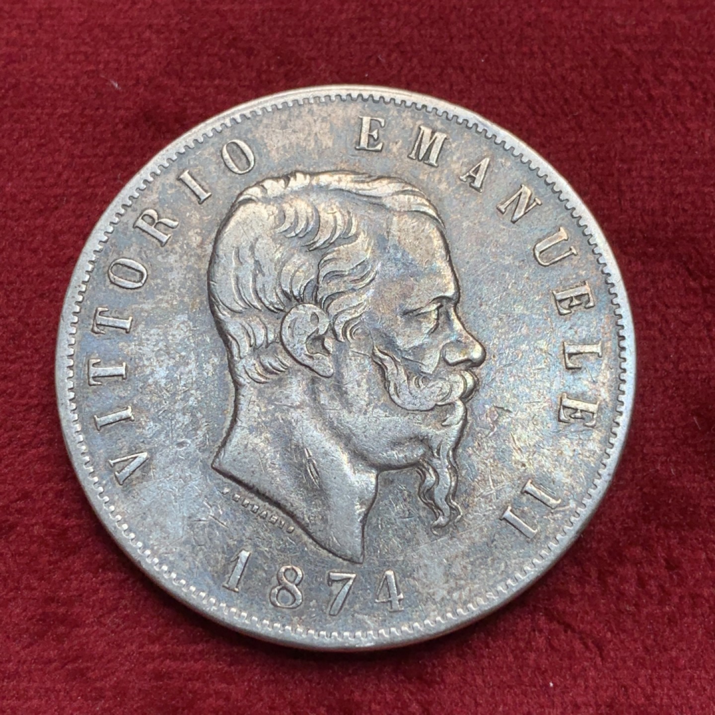 《竞宝斋》第97场-本周四 （满2件或者满200包顺丰） 意大利 艾曼纽尔三世二世 1874年 5里拉 银币 包浆非常好