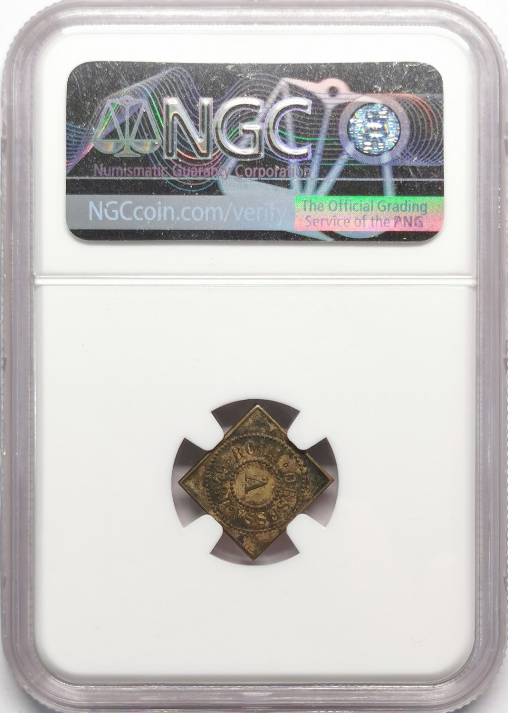 凡希社世界钱币微拍第二百十三期 稀！1849罗马共和国5贝科阿菱形铜币NGC-AU55母狼与罗马！