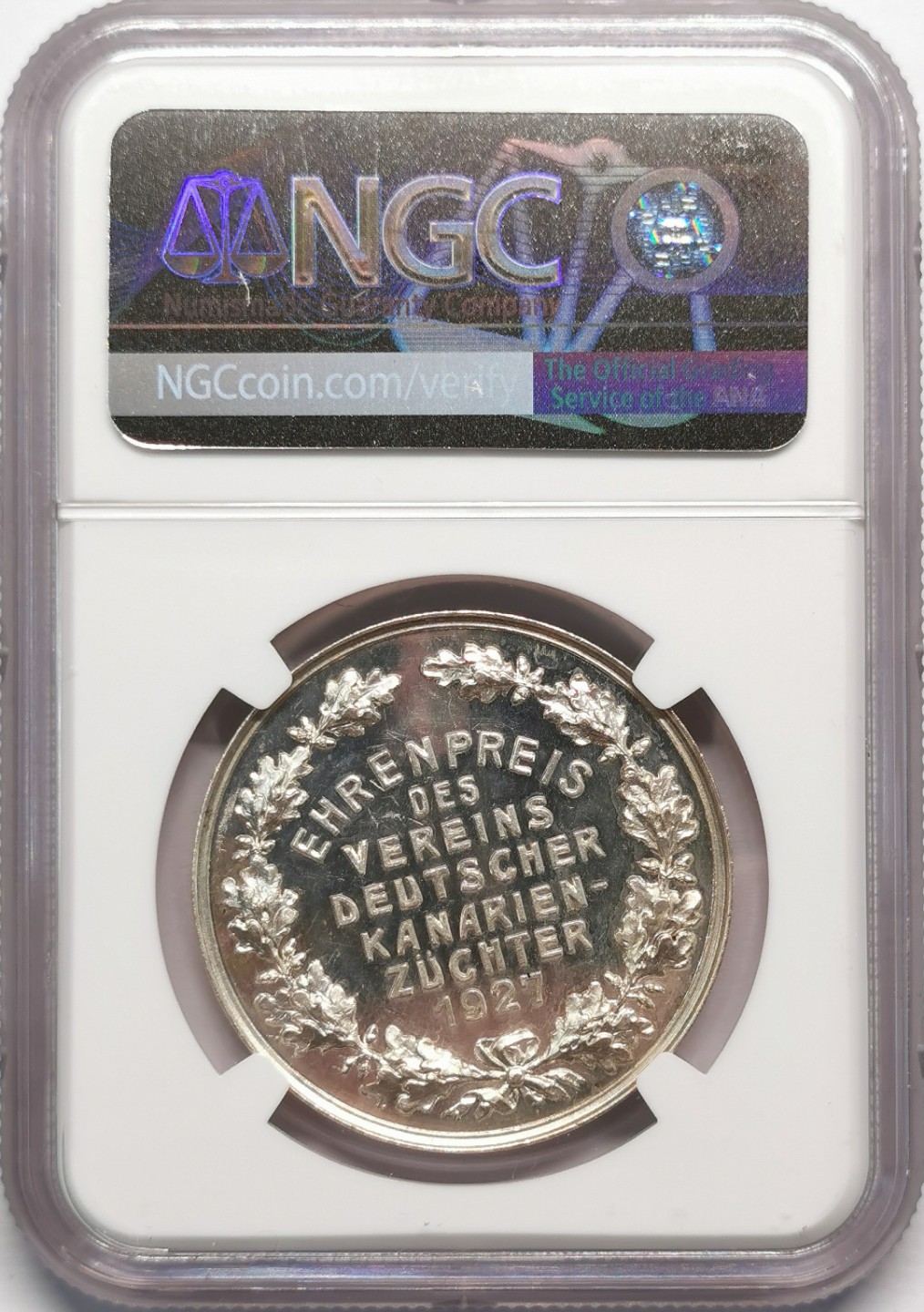 凡希社世界钱币微拍第二百十三期 1927德国金丝雀鸟展览银质奖章NGC-MS63实物PL