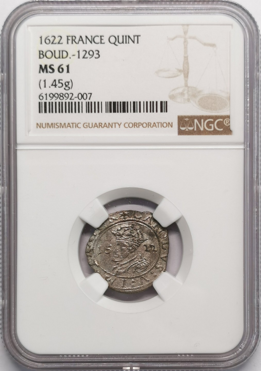 凡希社世界钱币微拍第二百十三期 1622法国QUINT银辅币NGC-MS61罕见品相！