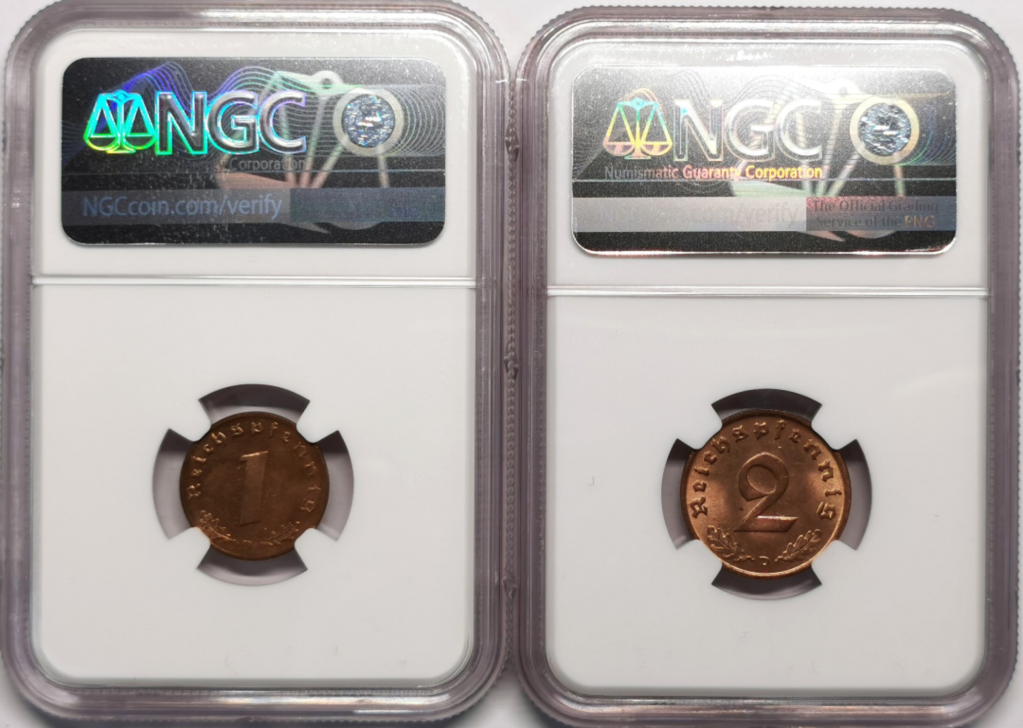 凡希社世界钱币微拍第二百十三期 德国芬尼/2芬尼铜币一对NGC-MS63/64原铜光！