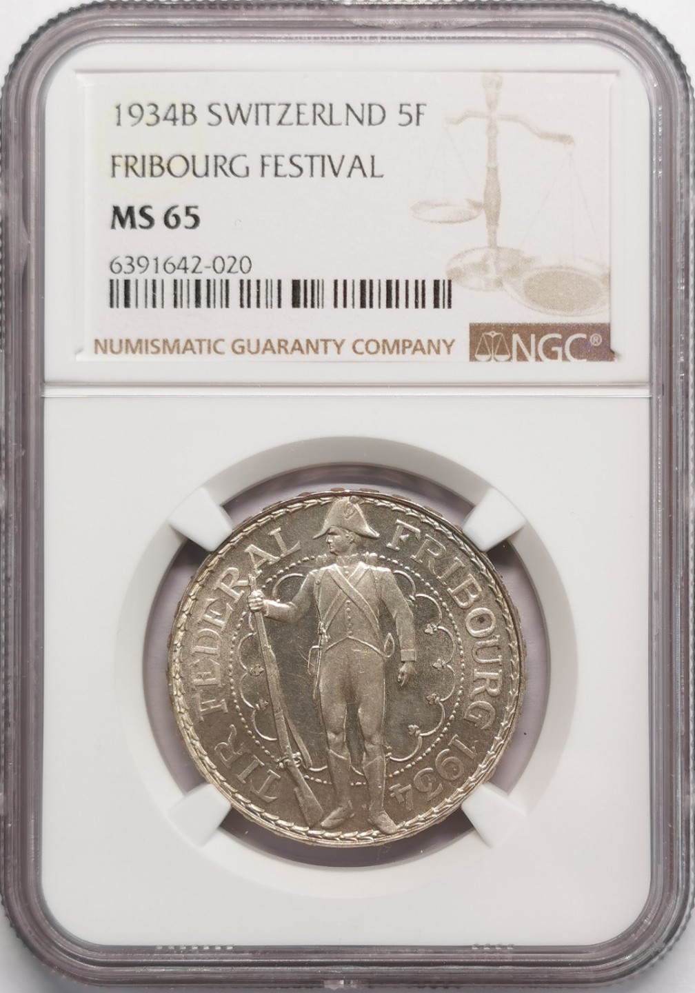 凡希社世界钱币微拍第二百十三期 1934瑞士弗莱堡射击节5法郎银币NGC-MS65