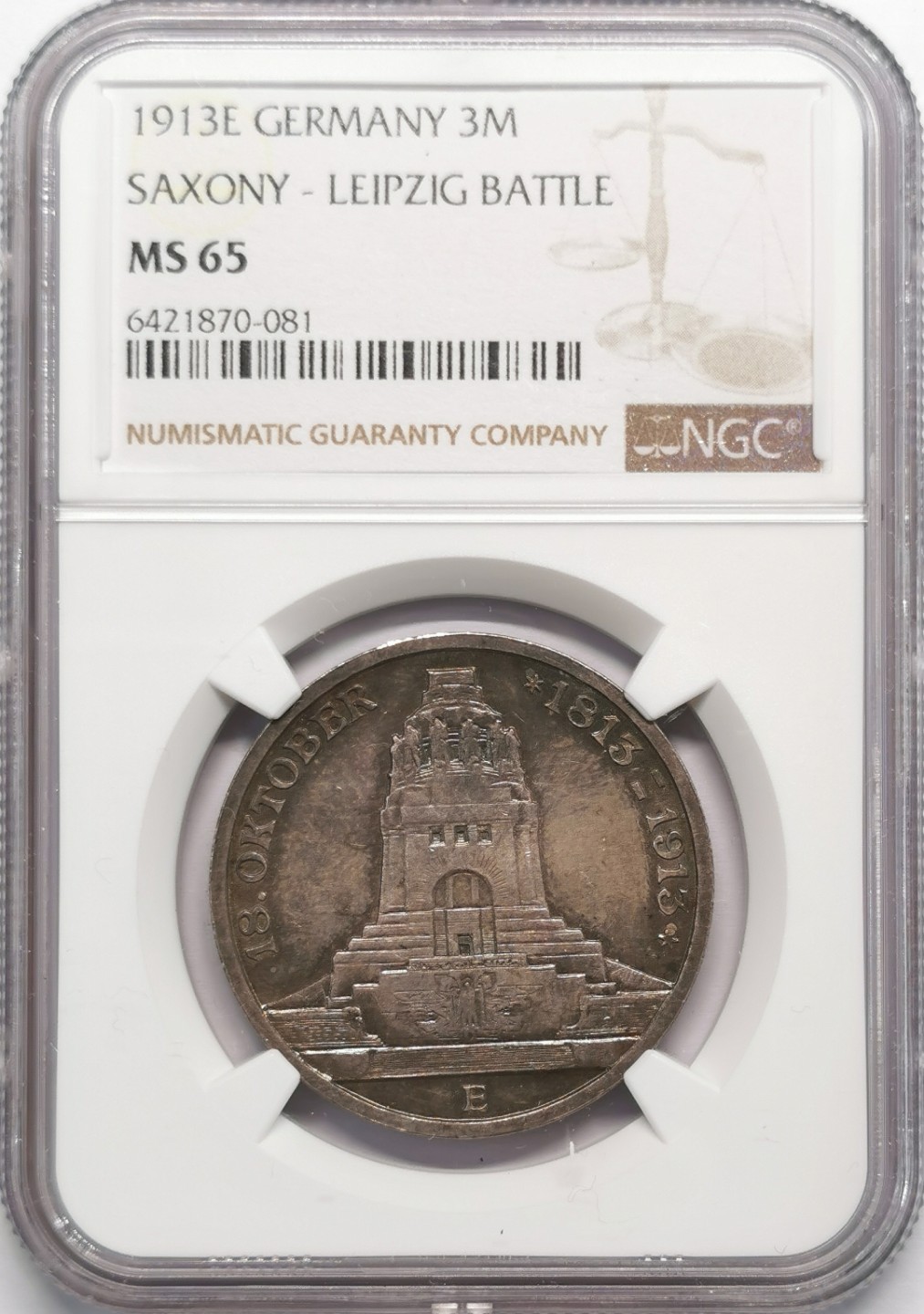 凡希社世界钱币微拍第二百十三期 1913莱比锡纪念碑3马克NGC-MS65深色包浆！